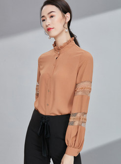 Stand Collar Hollow Out Lace Splicing Blouse