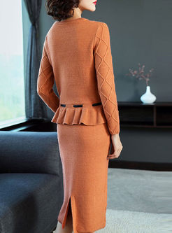 Pure Color Belted Sweater & Slim Knitted Skirt