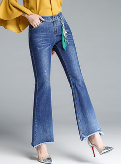 Blue Pendant Irregular Rough Hem Flare Jeans