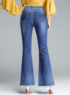 Blue Pendant Irregular Rough Hem Flare Jeans
