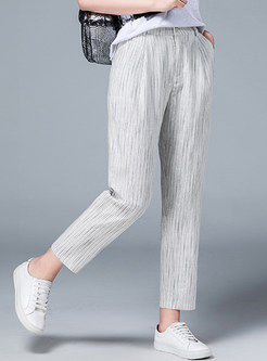 Casual Elastic Waist Striped Cotton And Linen Pants 