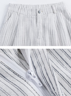 Casual Elastic Waist Striped Cotton And Linen Pants 