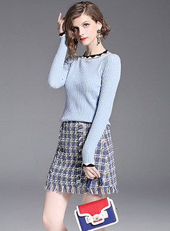 Long Sleeve Slim Top & Plaid Rough Hem Mini Skirt 
