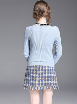 Long Sleeve Slim Top & Plaid Rough Hem Mini Skirt 