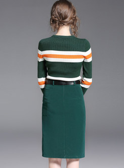 O-neck Color-blocked Slim Top & Sheath Slit Skirt 