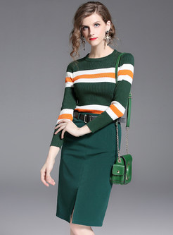 O-neck Color-blocked Slim Top & Sheath Slit Skirt 