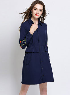 Single-breasted Emmbroided Lapel Gathered Waist Skater Dress