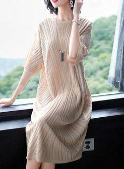 Casual O-neck Solid Color Short Sleeve Knitting Dress