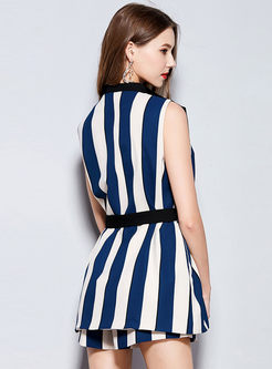 Striped Short Slim Jumpsuit & Striped Sleeveless Belted Dress
