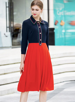 Turn Down Collar Color-blocked Splicing Pleated Dress