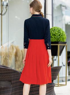 Turn Down Collar Color-blocked Splicing Pleated Dress