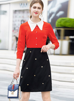 Chic Color-blocked Turn Down Collar Beaded Dress