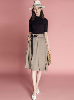 Black O-neck Knitted Top & High Waist Striped Asymmetric Skirt