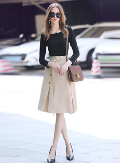 Black Long Sleeve T-Shirt & Belted Double-breasted Skirt