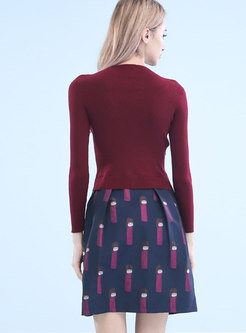 Wine Red O-neck Print Knitted Skater Dress