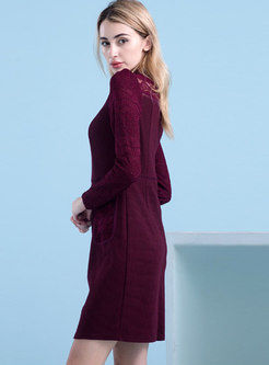 Wine Red Lace-paneled Dress With Pockets Detail