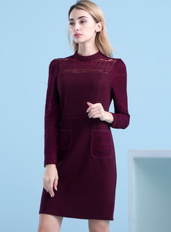 Wine Red Lace-paneled Dress With Pockets Detail