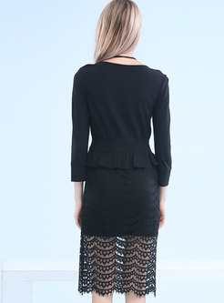 O-neck Black Slim Dress With See-through Look