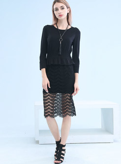 O-neck Black Slim Dress With See-through Look