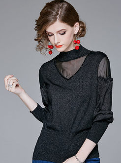 Three Quarters Sleeve Mesh Splicing Perspective Loose Knitted Sweater