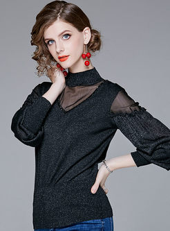 Three Quarters Sleeve Mesh Splicing Perspective Loose Knitted Sweater