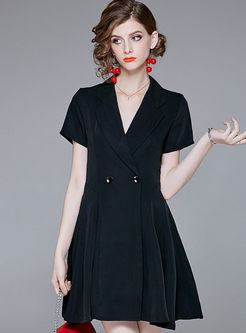 Black Notched Double-breasted Skater Dress