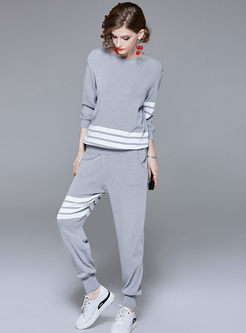 Casual Striped Splicing O-neck Knitted Top & Elastic Waist Harem Pants