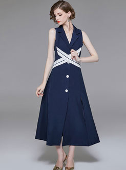 Elegant Notched Sleeveless Single-breasted Belted A Line Dress