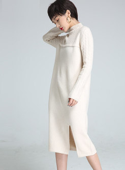Elegant Pure Color Wool Side-Slit Dress