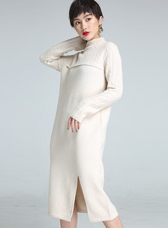 Elegant Pure Color Wool Side-Slit Dress