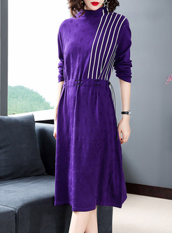 O-neck Long Sleeve Splicing Loose Knitted Dress