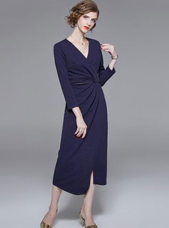 Stylish Hit Color V-neck Long Sleeve Asymmetric Sheath Dress