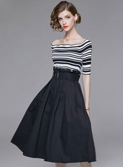 Striped Slash Neck Slim Knitted Top & Solid Color High Waist Belted Skirt