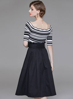 Striped Slash Neck Slim Knitted Top & Solid Color High Waist Belted Skirt