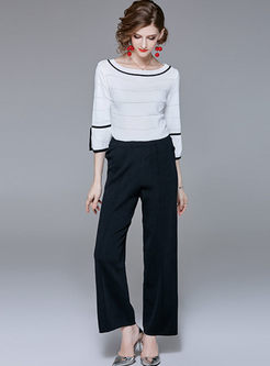 Hit Color Flare Sleeve Knitted Top & Black Wide Leg Pants
