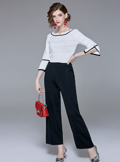 Hit Color Flare Sleeve Knitted Top & Black Wide Leg Pants