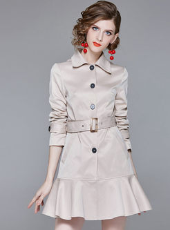 Pure Color Single-breasted Long Sleeve Belted Falbala Mini Dress