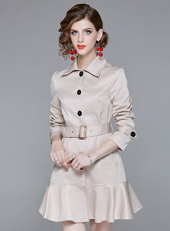 Pure Color Single-breasted Long Sleeve Belted Falbala Mini Dress