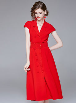 Red Double-breasted Notched Sleeveless Belted A Line Dress