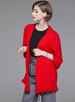 Stylish Red Asymmetric Tassel Patch Kimono