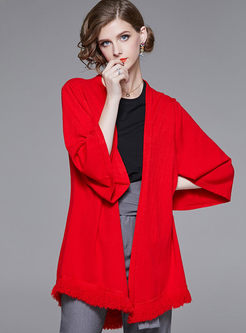 Stylish Red Asymmetric Tassel Patch Kimono