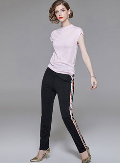 Pink Sleeveless Knitted Slim Top & Striped Splicing Tied Pencil Pants