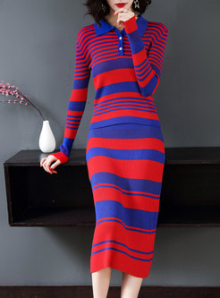 Turn Down Collar Striped Knitted Two Piece Outfits