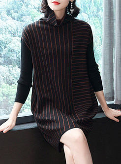 Trendy Turtle Neck Long Sleeve Striped Knitted Dress