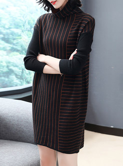 Trendy Turtle Neck Long Sleeve Striped Knitted Dress