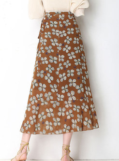 Fashion All Over Print Chiffon Belted Skirt