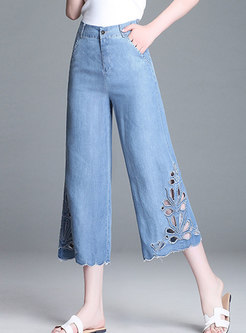 Vintage Blue Elastic Waist Embroidered Denim Pants