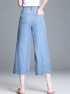 Vintage Blue Elastic Waist Embroidered Denim Pants