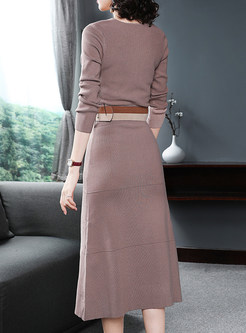 Pure Color V-neck Belted Slim Knitted Dress