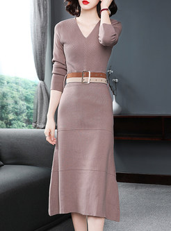 Pure Color V-neck Belted Slim Knitted Dress